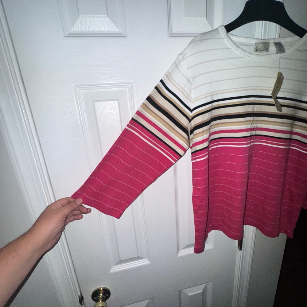 Classic Elements Women's L (14-16) Striped Knit Top 3/4 Sleeve Pink White Beige - Picture 6 of 14